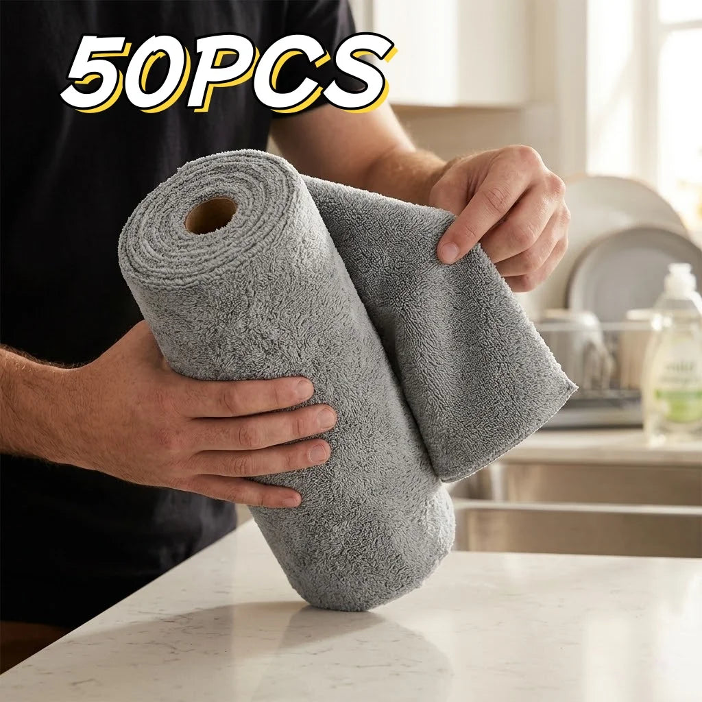 50pcs Thickened Microfiber Cleaning Cloths Roll, Tearable Highly Absorbent Reusable Wipes