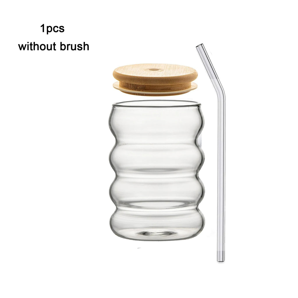 YWD 1/2/4PCS Glass Cup with Lid Straw Heat-resistant Wave Cup Beer Juice Ice Coffee Cups Cocktail Fruit Glass Drinkware