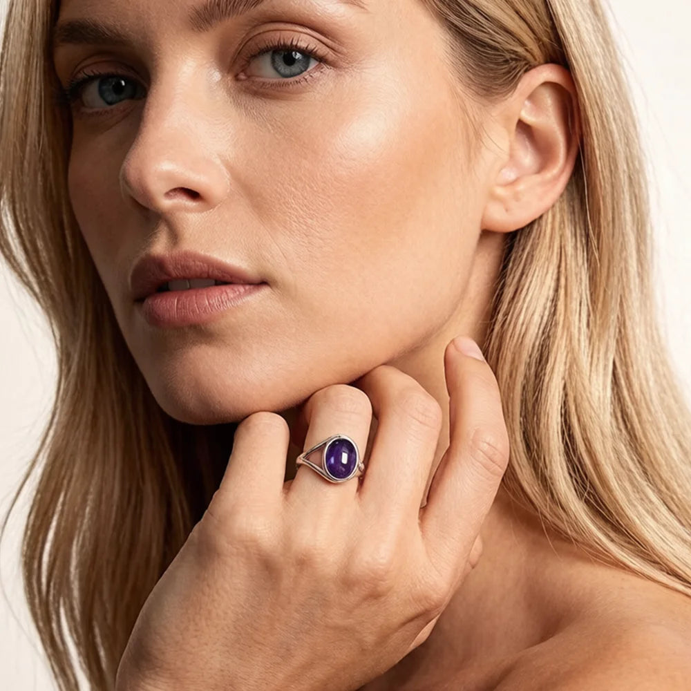 925 Sterling Silver Natural Stone Rings With Amethyst Simple Purple Oval Ring 8*10mm Fine Jewelry Friends Gifts for Women