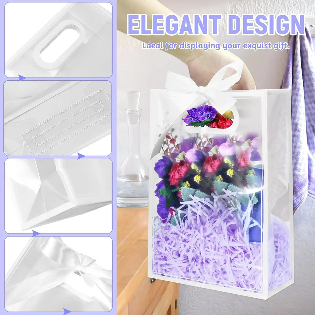 10Pcs Clear Plastic Gift Bag with Die Cut Handles Reusable PP Flower Bag with Ribbon for Wedding Bridal Birthday Party Business