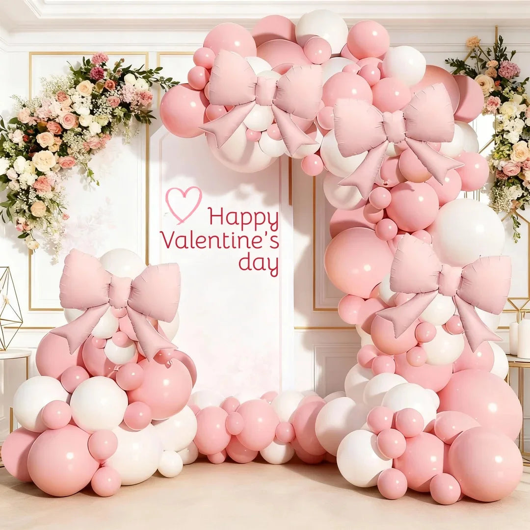 118Pcs Pink and White Bow Balloon Arch Kit, 21inch Pink Bow Foil Balloons Paired with Pink and White Latex Balloons, Ideal for Valentine's Day Parties, Ladies' Bachelorette Parties, Weddings, and Girls' Birthday Party Decorations