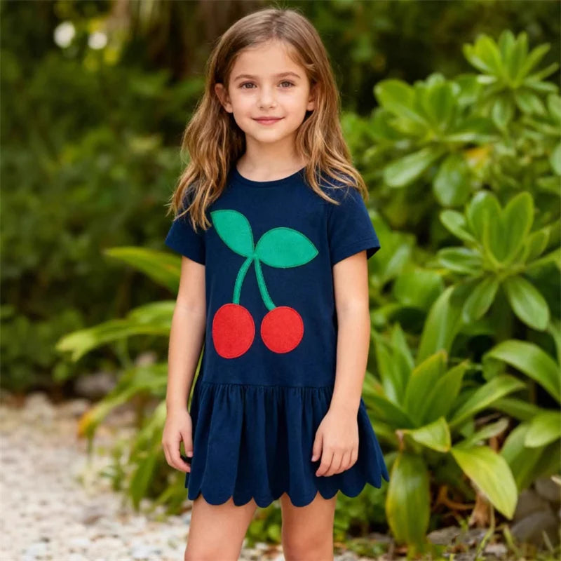 Jumping Meters Princess Dress for Girls Cherry Embroidery Short Sleeve Summer Party Birthday Wedding Baby Frocks Children Dress