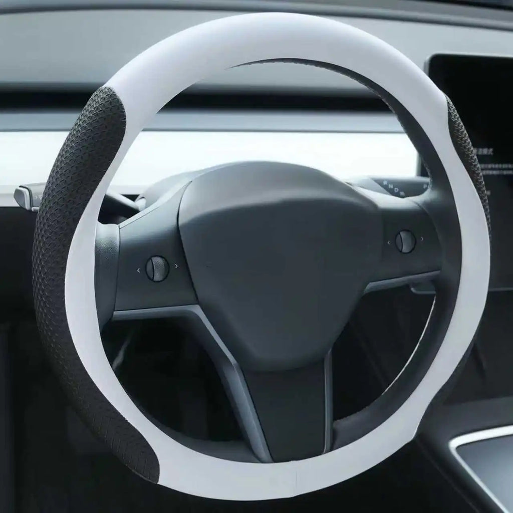 Steering Wheel Cover Protector for Tesla Model 3/Y 2016-2025 2026 Juniper/Highland Non-Slip Breathable White Premium Leather