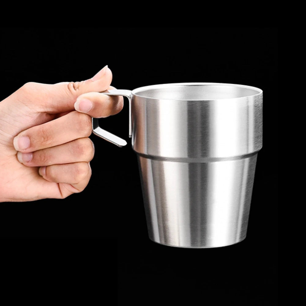 4 Pack Stainless Steel Camping Cups with Handle 10 oz Double Wall Stackable Camping Coffee Mugs with Mesh Bag for Outdoor Travel