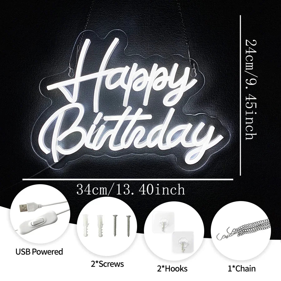USB Powered LED Neon Sign with Switch, Ideal for All Ages Home Party Decor Happy Birthday Neon Sign for Wall Decor