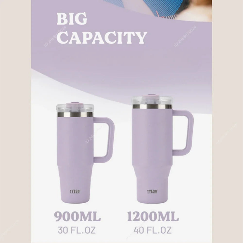 Tyeso 900/1200ML Tumbler Bottle Stainless Steel Car Mug With Handle Straw Thermal Iced Travel Vacuum Insulated Coffee Hot Cup