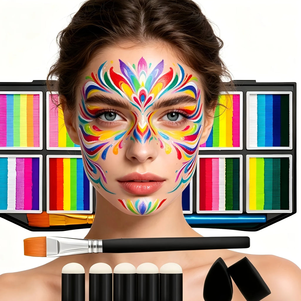 65-Color Face & Body Paint Palette with 32 Stencils, Bright Long-Lasting Makeup, 100g