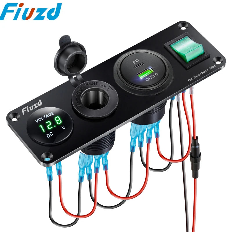 12V Cigarette Lighter Socket 4 in 1 Waterproof Car Dual QC3.0 USB Outlet Panel for RV Marine Boat Power Socket Charger Socket
