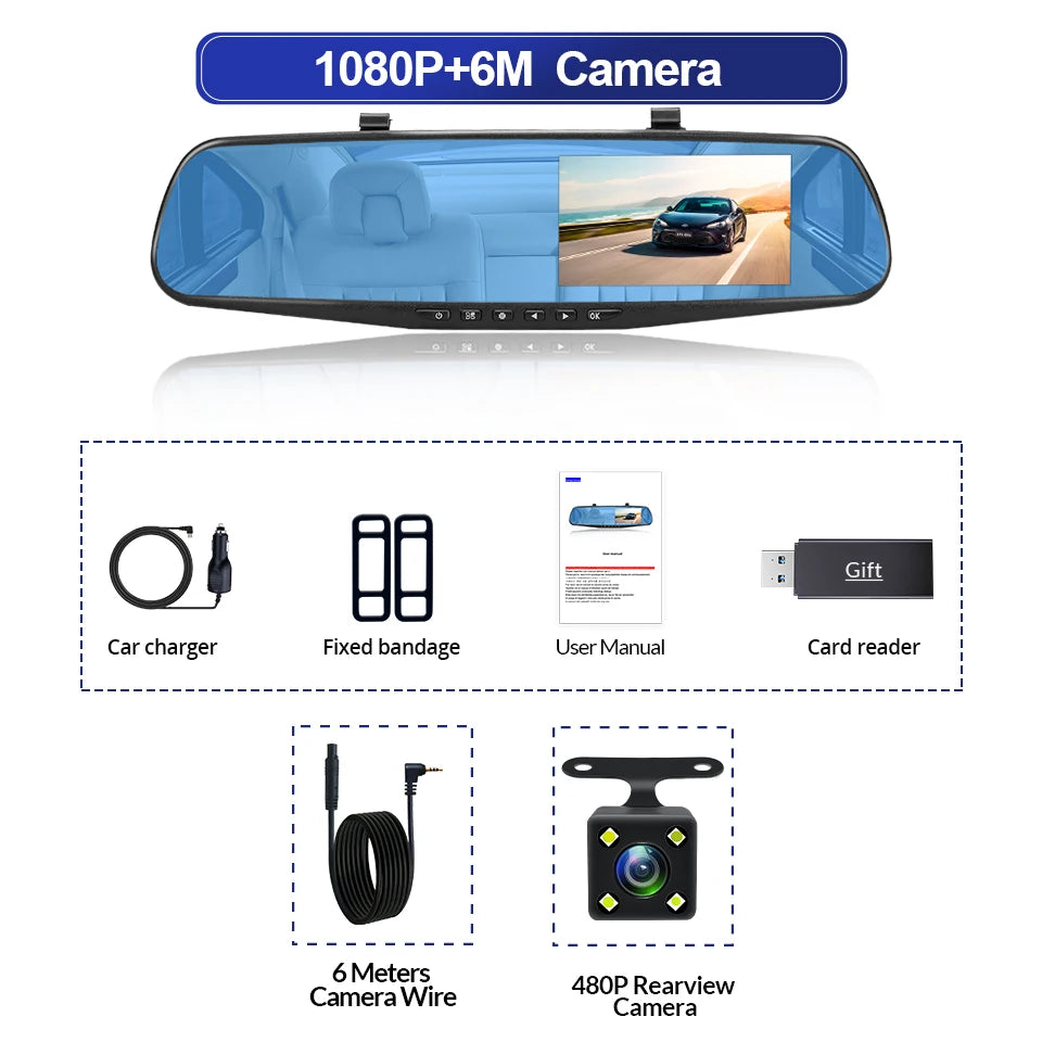 4.3in 1080P Dual Lens Rearview Mirror Dash Cam DVR Night Vision, 32GB/64GB Options