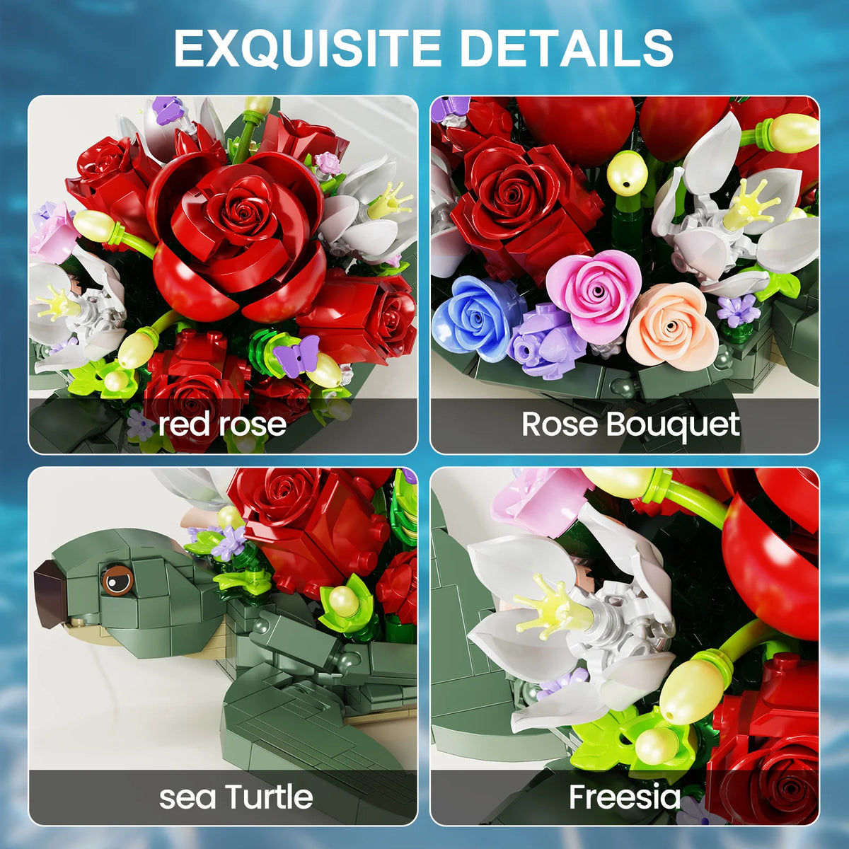 Sea Turtle Red Roses Planter Building Blocks Set Turtle Flowers Pot Bricks Toys Home Plants Decor Gifts for Women