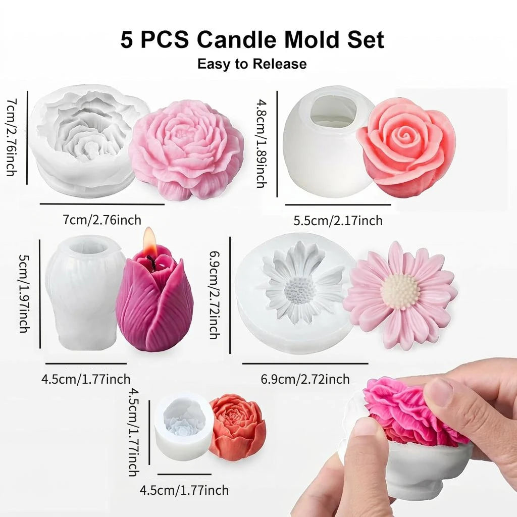 5Flower Candle Mold Set，3D Floral silicone candle mold，Used for candle making，Daisy、Peony、Rose、Tulip flower mold