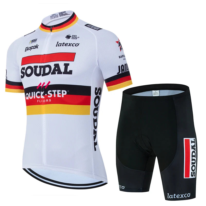 New 2026 SOUDAL Quick Step Men Summer Short Sleeve Cycling Jersey Set Breathable Quick Drying Cycling Clothes Shirt 19D Cushion