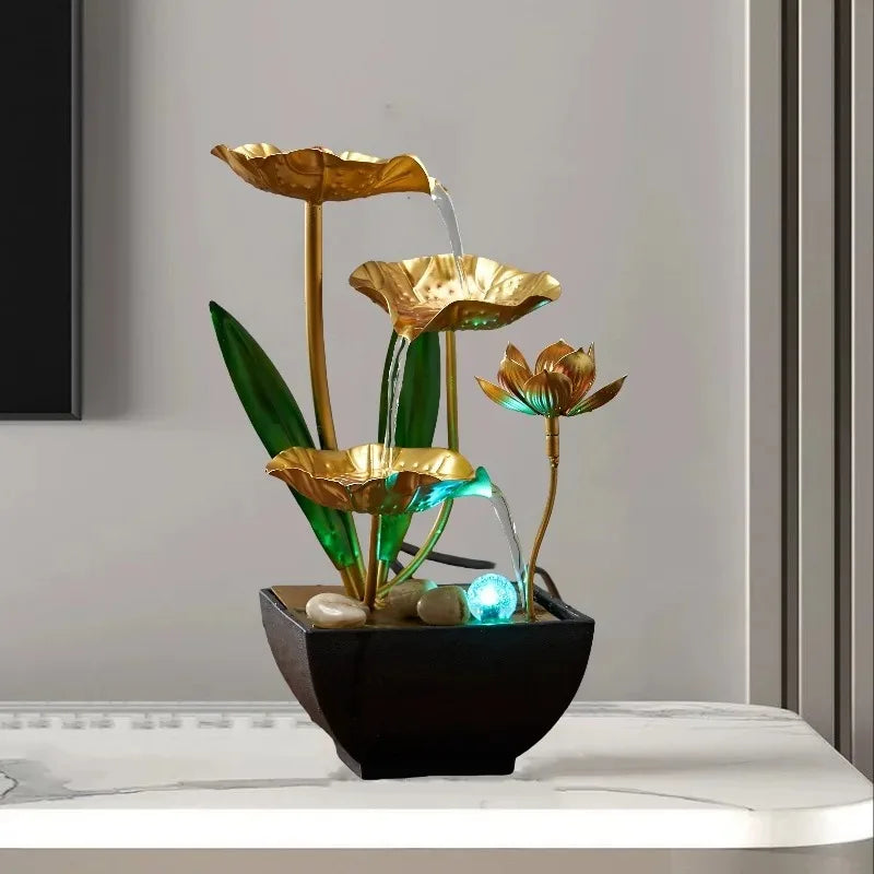 1pcs Lotus Pond Moonlight Water Fountain Circulating Water Ornament Luxury Desktop Decor for Office TV Cabinet Living Room
