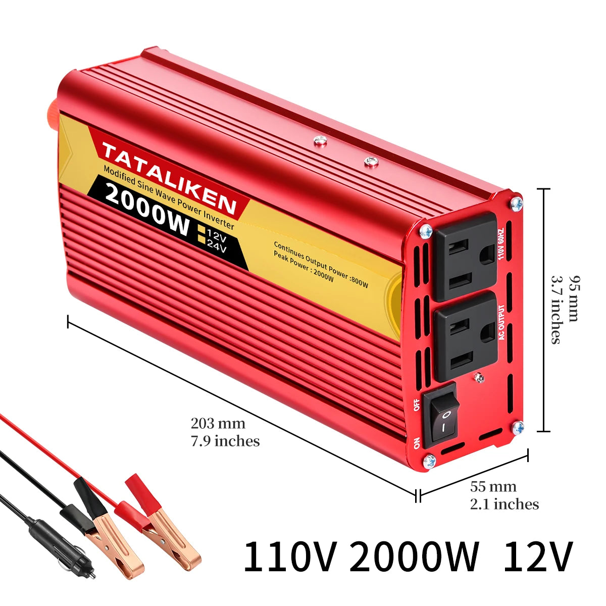 Car Power Inverter DC 12V/24V to AC 110V 60Hz 600W-2500W Vehicle Converter