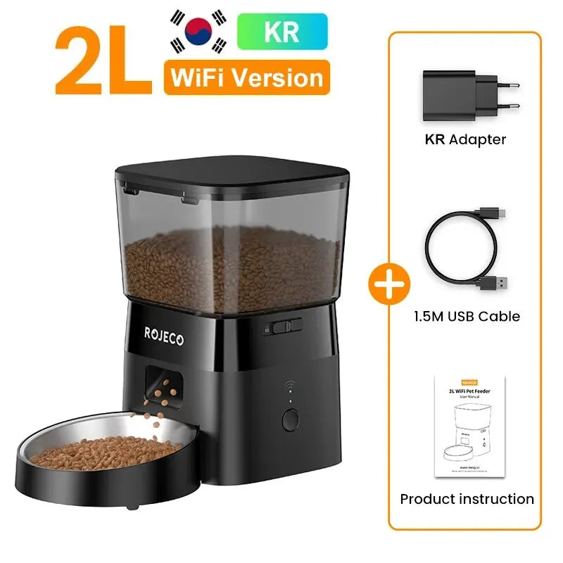 ROJECO 2L WiFi Automatic Cat Feeder Dry Food Dispenser, Black/White, EU/US/KR Plug