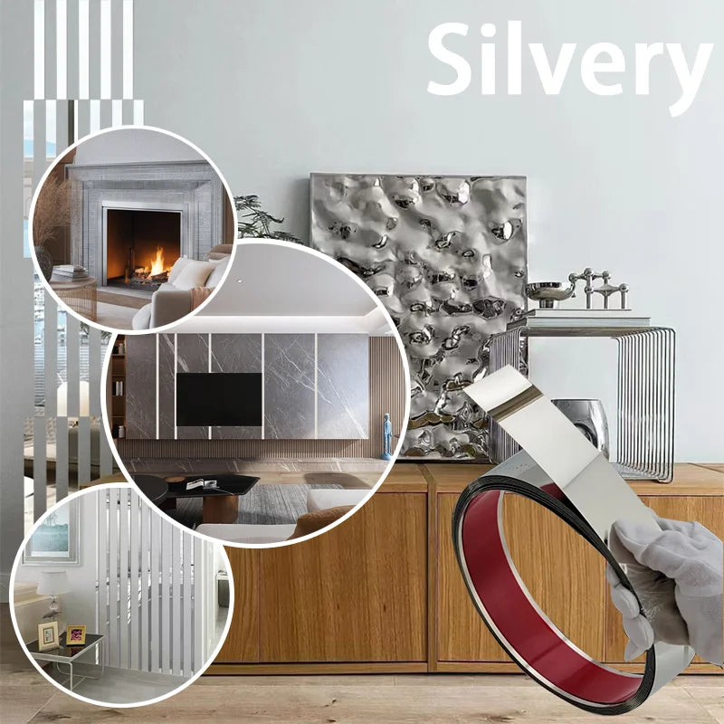 15 meters - Stainless steel mirror wall sticker, self-adhesive, suitable for door, window, ceiling waistline decoration