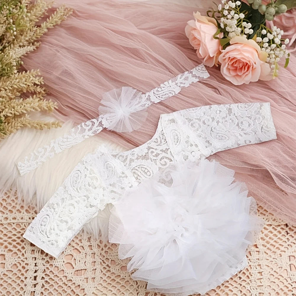 Newborn Lace Flower Headband And Bodysuit Set For 100th Day Baby Photoshoot Outfit Infant Photo Prop Baby Shower Gift