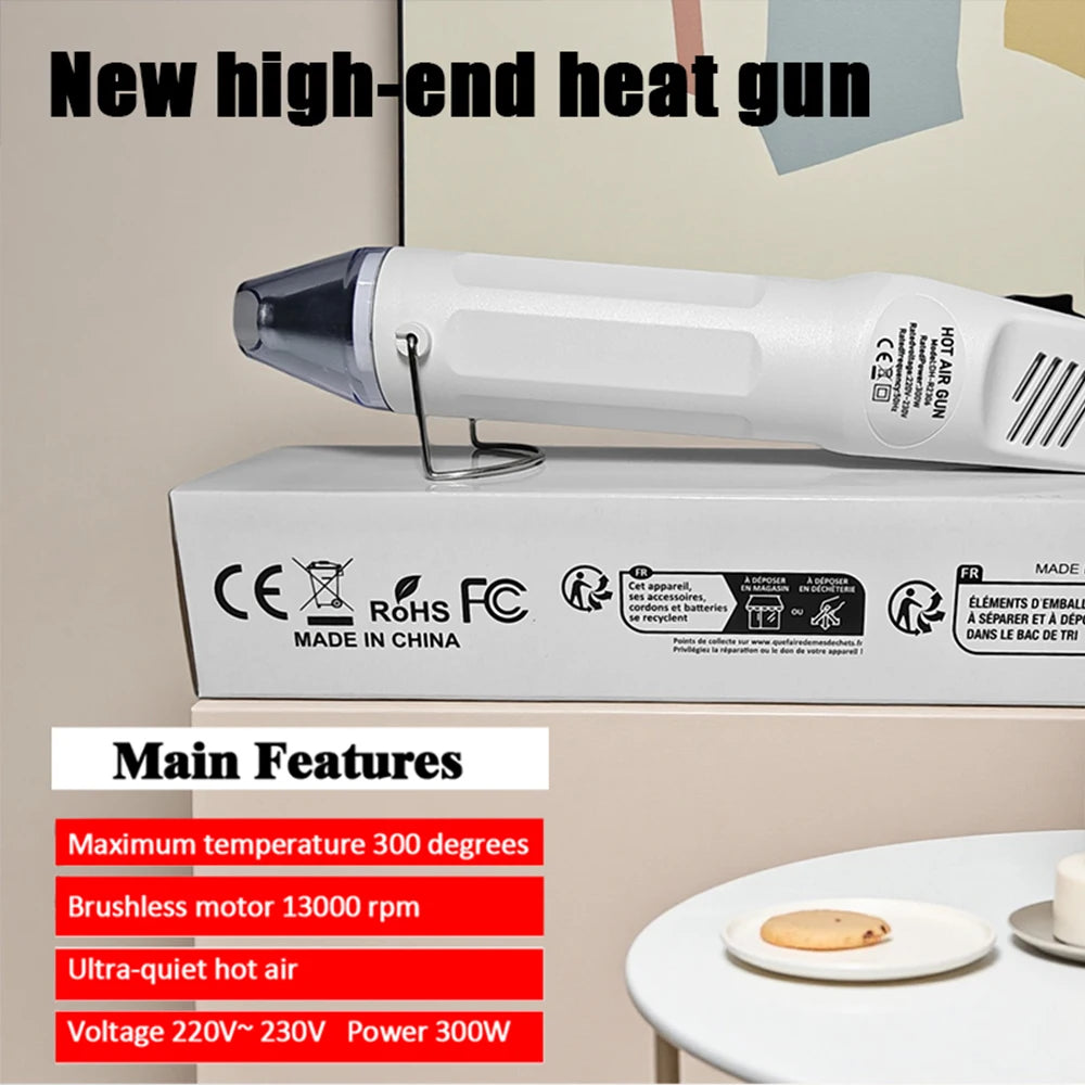 Mini Hot Air Gun 300°C 220V EU Plug Heat Tool with Stand for Crafts Shrink Wrap, Black/White
