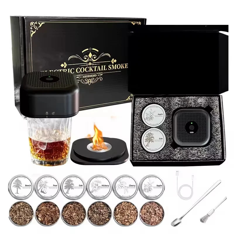 Whiskey Cocktail Smoke Infuser Electric Champagne Smoke Kit With 6 Wood Chips Rechargeable Cocktail Smoker Kit Customized Gift