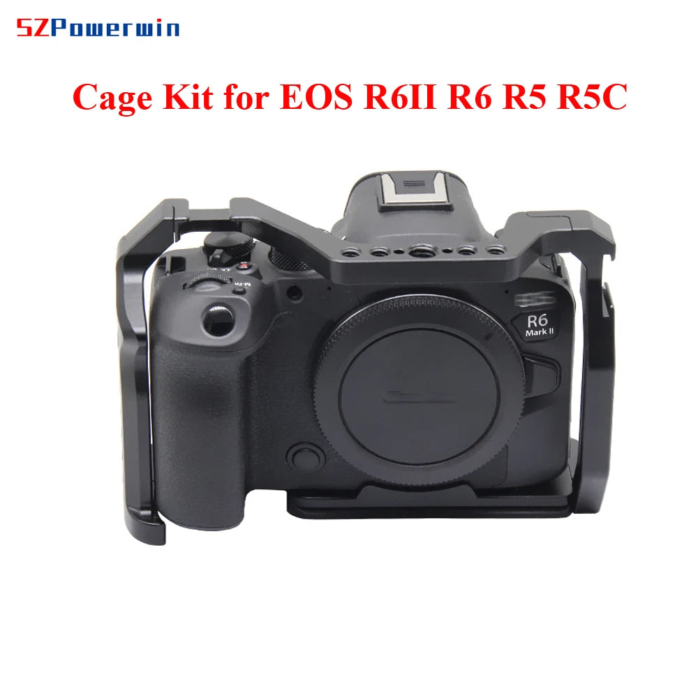 Powerwin Camera Cage For Canon EOS R6 Mark II R6II R6 R5 R5C wooden Handgrid Handle Kit Aluminum Alloy Arri Locating Screw