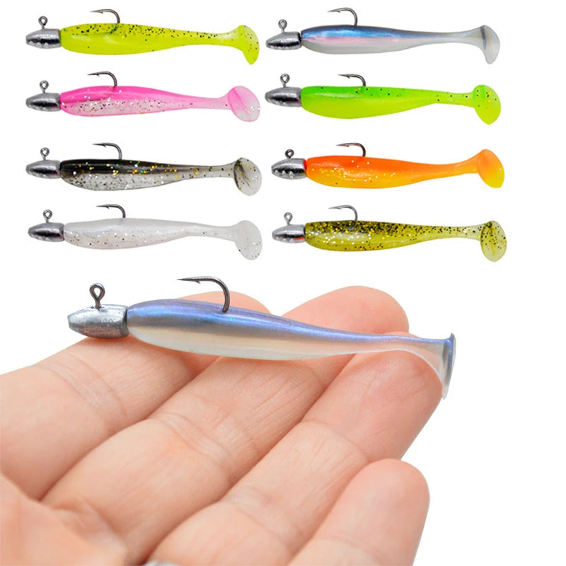 5Pcs/Lot T-tail Soft Fishing Bait Matched With Head Hooks Artificial Wobblers Swimbait Fishing Tackles For Bass Pike Pesca