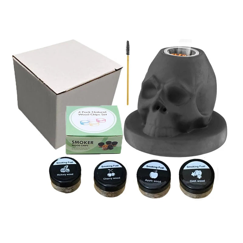 Cocktail Smoker Kit with 4 Flavors - Bourbon , Ceramics Skull Infuser Old Fashioned Drink Smoker Kit Birthday Gifts for Men Dad