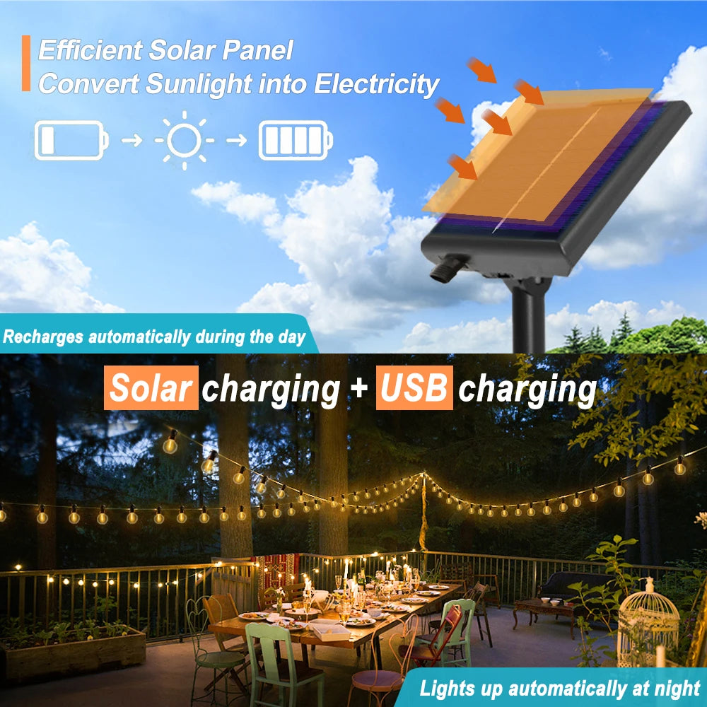 Solar G40 outdoor string lights with remote, shatterproof globe bulbs, IP65 waterproof, 10m 15 bulbs