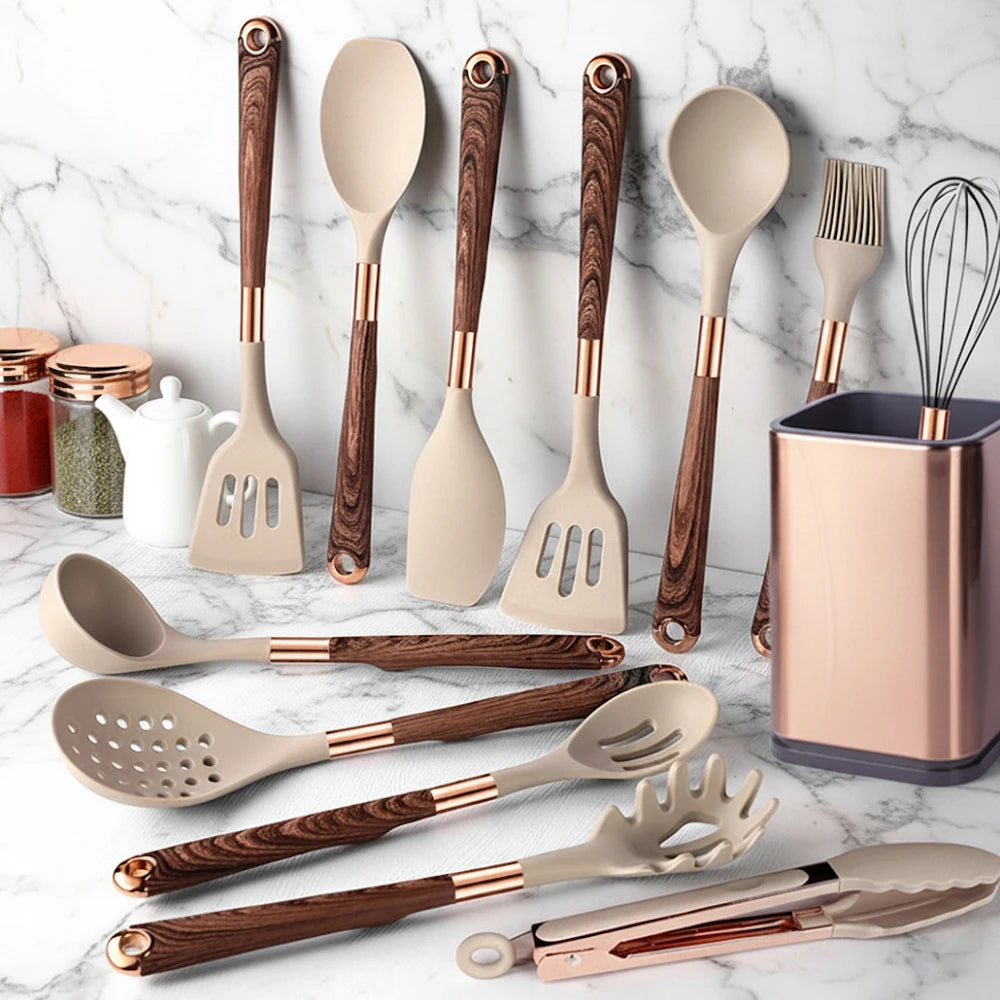 Silicone cooking utensils set with holder bucket, nonstick safe heat resistant, beige/black