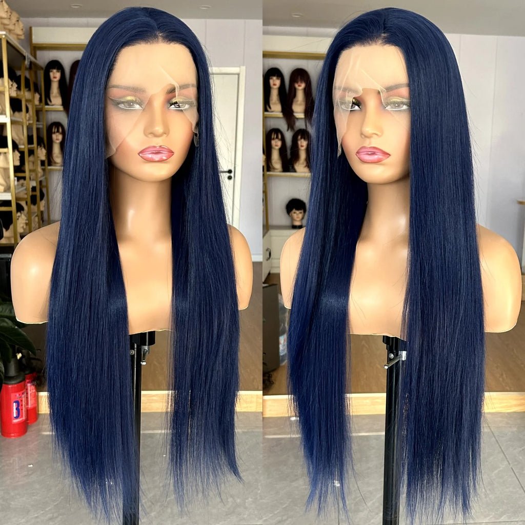 Dark Blue Synthetic Lace Front Wig 13x4 Free Part Straight 150% Density 22-26in