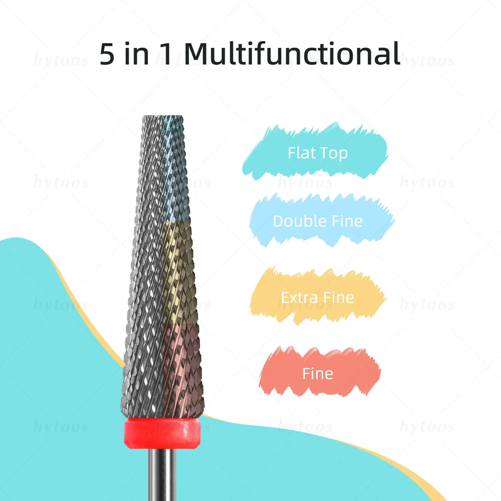 HYTOOS Flat Top 5 in 1 Nail Drill Bit 24mm Long Carbide Tapered Nail Bits Electric Drill Accessories Gel Polish Removal Tool