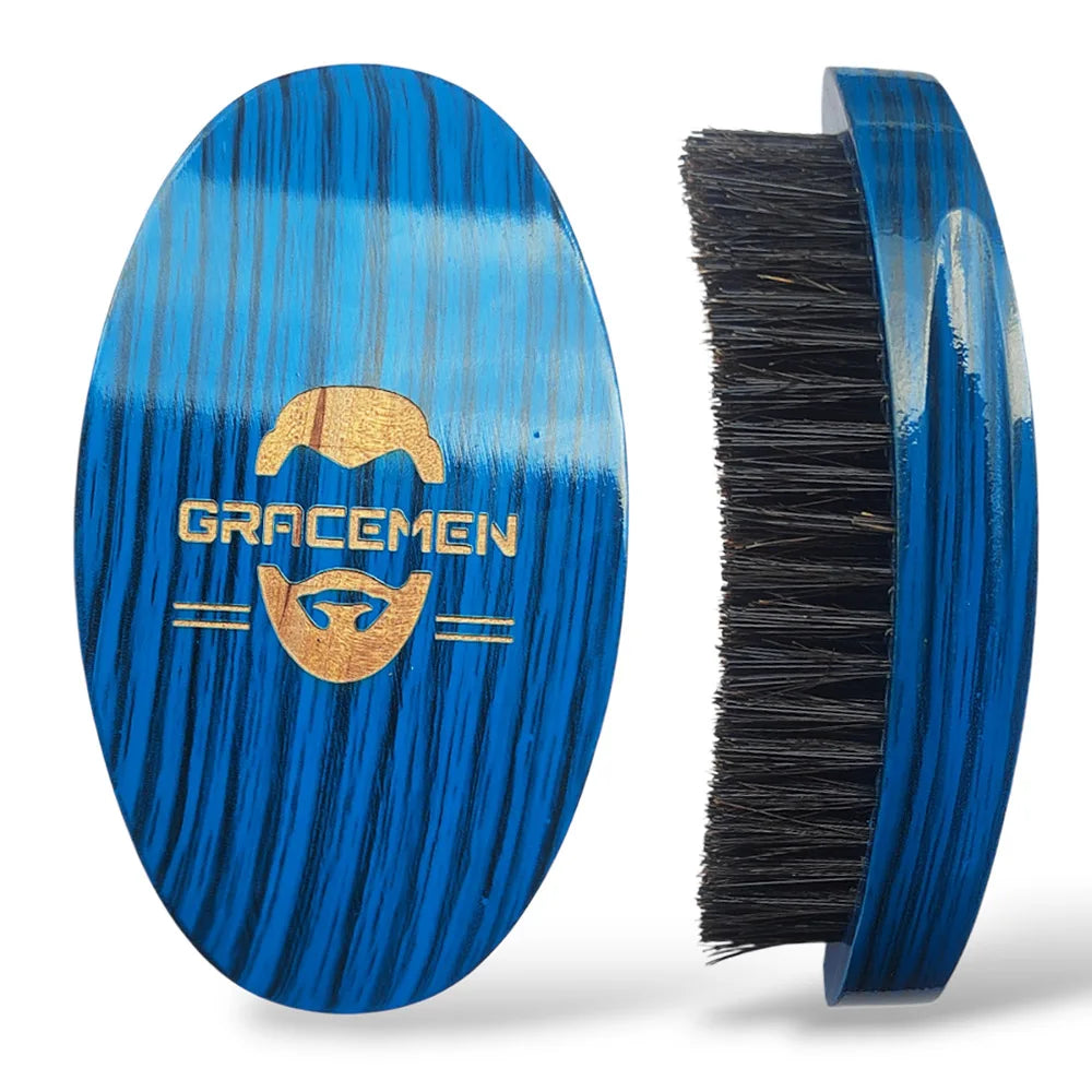 Gracemen 360 Wave Brush Curved Wooden Boar & Nylon Bristles, Soft/Medium/Hard, Black