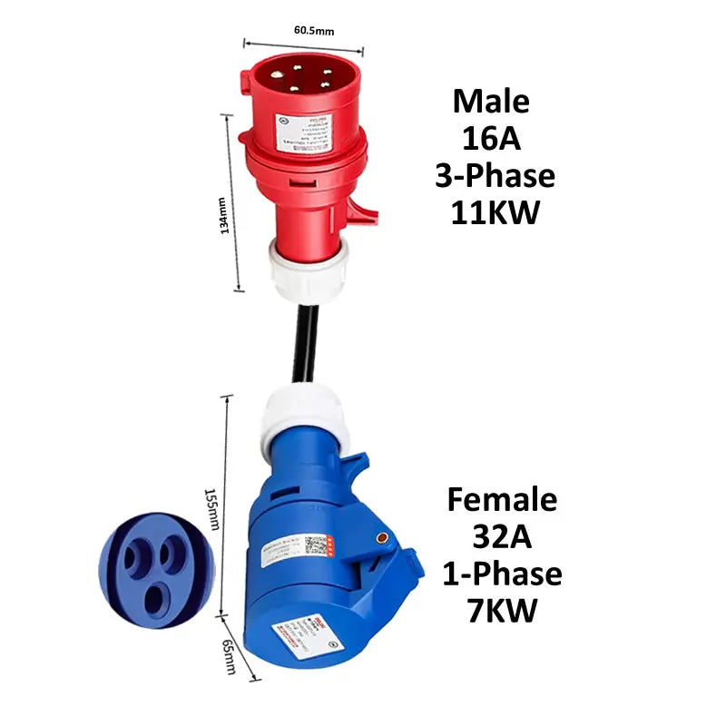 Electric vehicle charging adapter CEE Plug 16A/32A Red to Socket Blue 1-phase 32A 7KW 16A 3.5KW Red 3-Phase 16A 11KW 32A 22KW