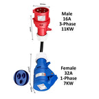 Electric vehicle charging adapter CEE Plug 16A/32A Red to Socket Blue 1-phase 32A 7KW 16A 3.5KW Red 3-Phase 16A 11KW 32A 22KW