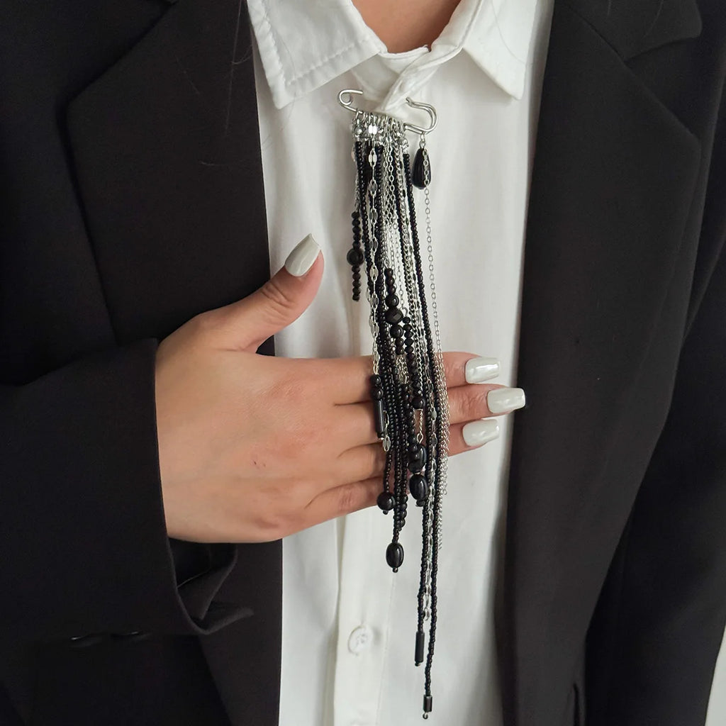 Exaggerated Long Tassel Chain Rice Bead Crystal Women's Brooch Handmade Bead Multi-layer Chain Fixed Needle Clothing Decoration