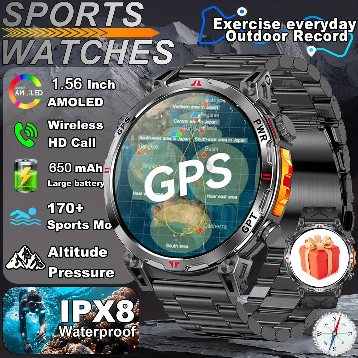 2026 New Outdoor GPS Sports Smartwatches Men Compass 5ATM Waterproof 24/7 Health Monitoring Chat GPT Bluetooth Call Smart Watch