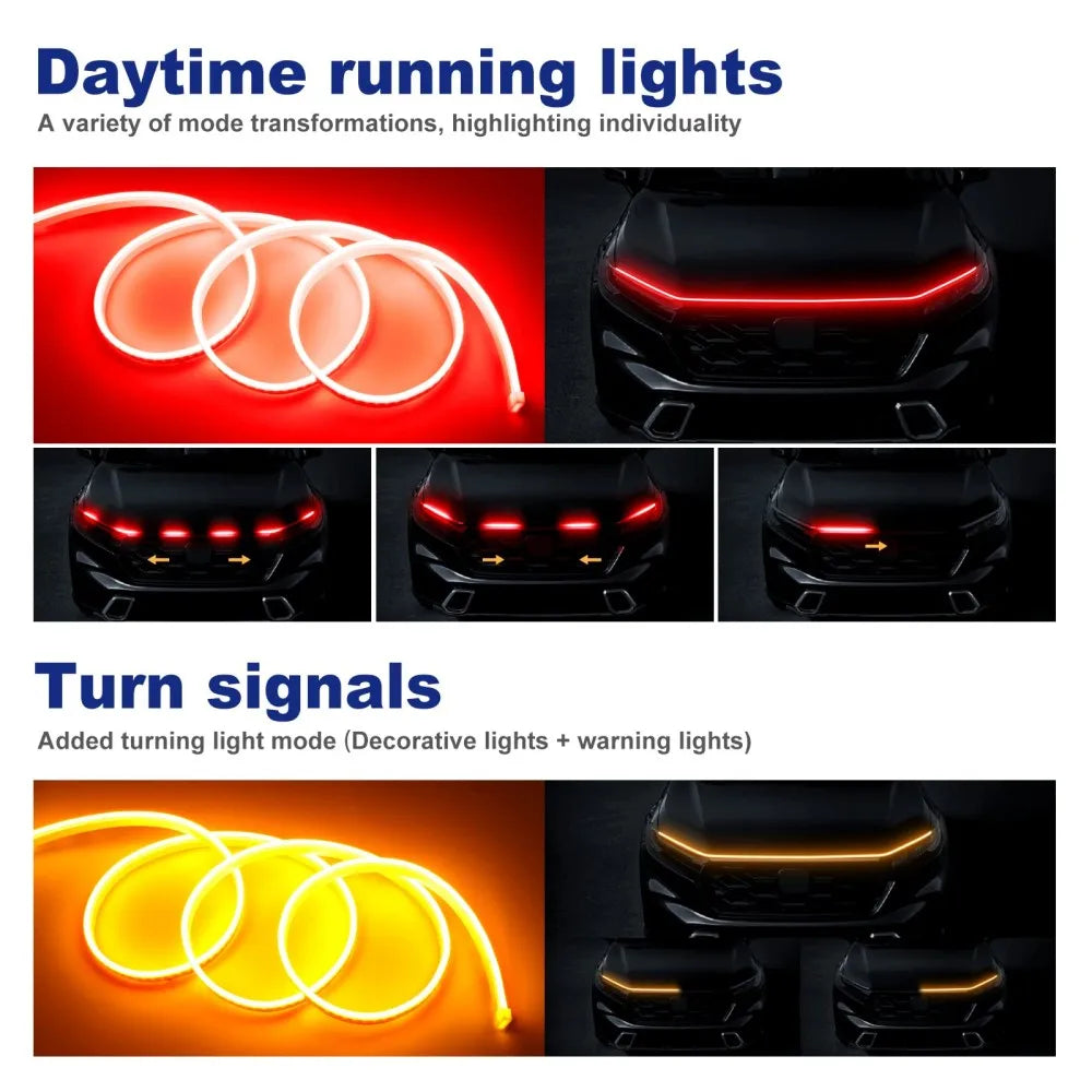 LED Car Daytime Running Light Strip - Red & Yellow Dual Color Plug And Play Start Scan Turn Signal 12V Universal Car Hood Light