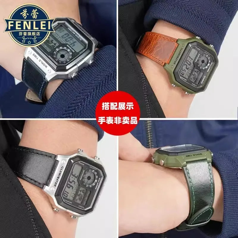 Retro Genuine Leather Watchband For Casio AE1200 AE1300 A158W/A168 W-216H Vintage Watch Strap convex mouth Men's Bracelet 18MM