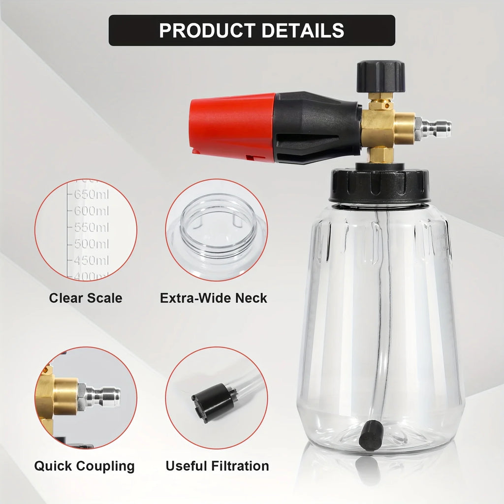 Heavy Duty Adjustable Foam Cannon 1L Wide Mouth Bottle Thick Foam Spray 1/4" Quick Connect  High Pressure Washer Tool