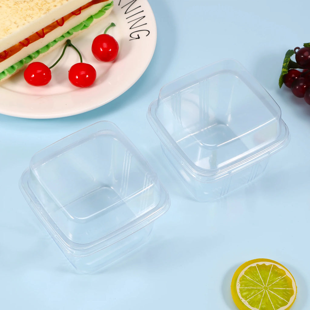 50Pcs Plastic Dessert Cups 8oz Clear Square Single Dessert Box Sealed Cake Storage Box for Muffins Cupcake Pudding Mousse Party