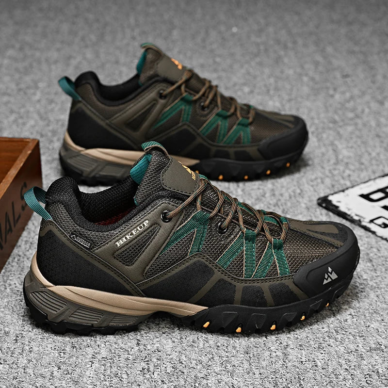 HIKEUP Men's Hiking Sneakers Breathable Cushioned Non-Slip Outdoor Shoes, Black/Green/Grey 40-45