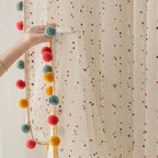 1Pair Cute Rainbow Hairball Embroidered Sheer Tulle Curtain with Pom-pom Tassels Lace For Living Room Childrens Room Home Decor