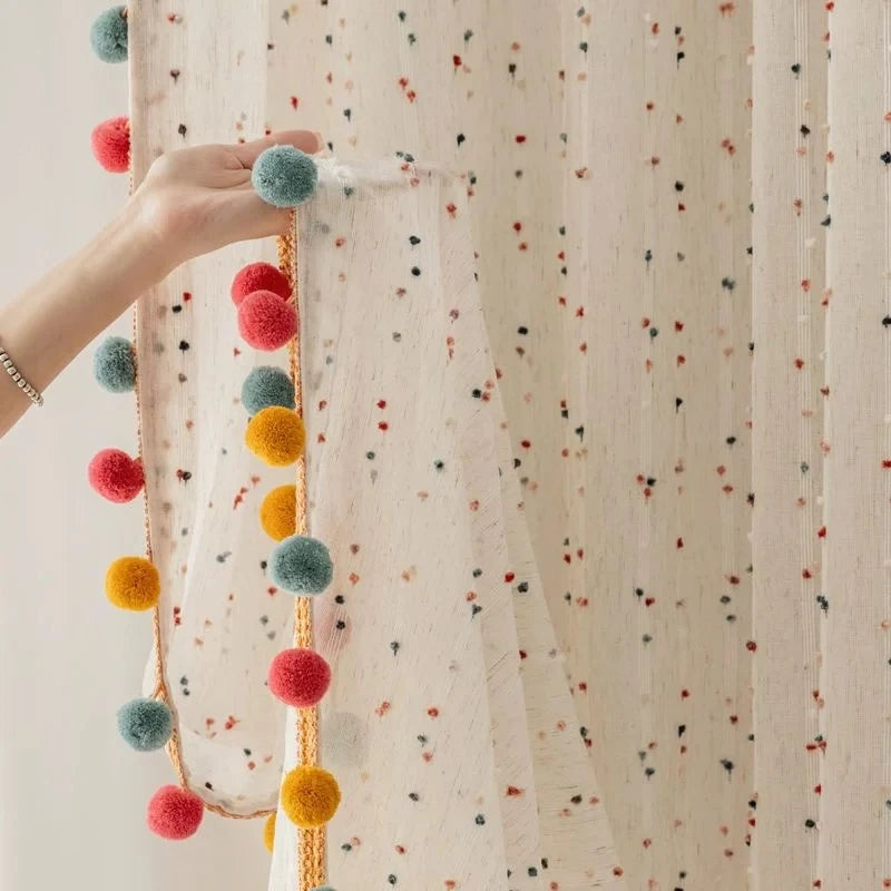 1Pair Cute Rainbow Hairball Embroidered Sheer Tulle Curtain with Pom-pom Tassels Lace For Living Room Childrens Room Home Decor