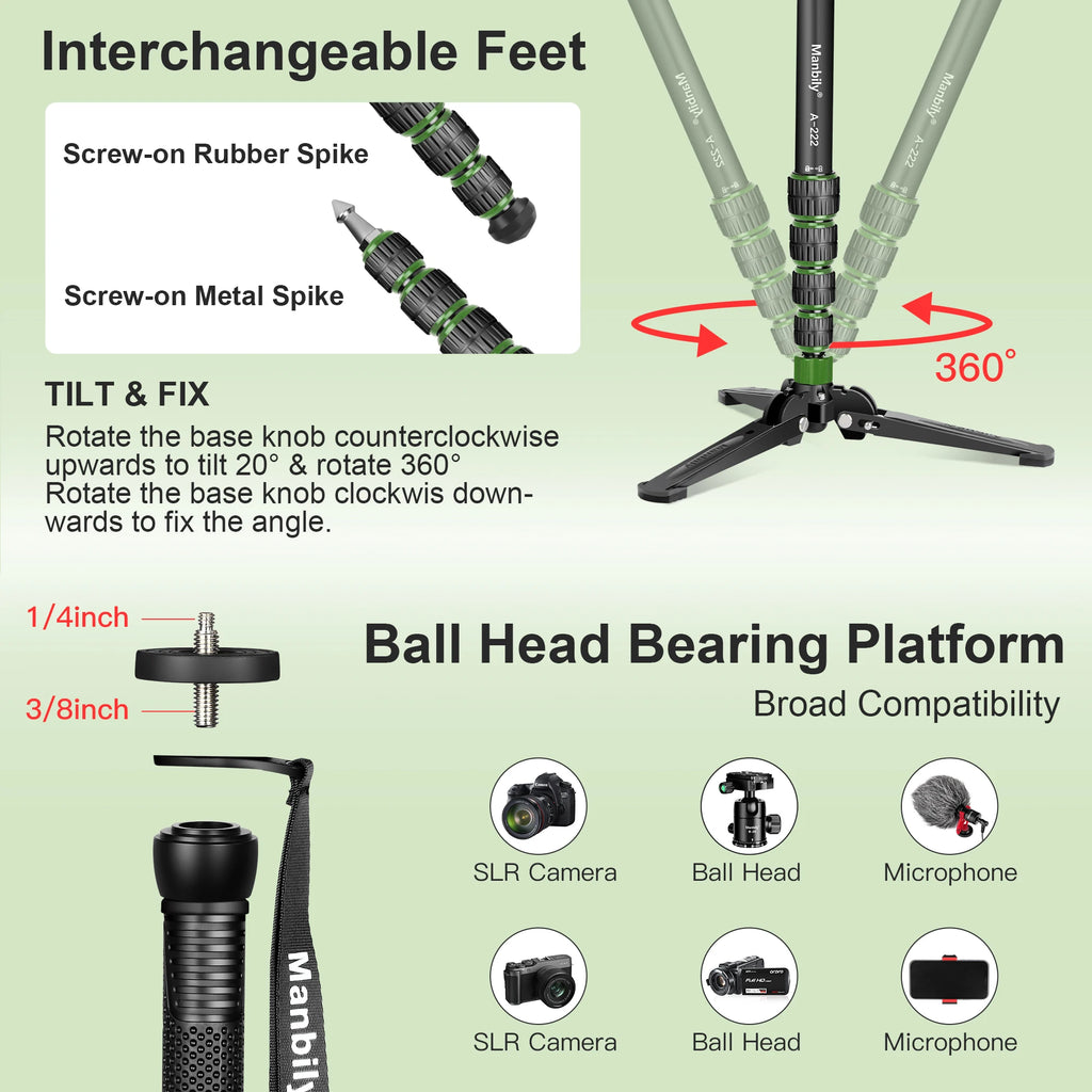 Manbily Lightweight Camera Tripod Monopod Selfie Stick Aluminum A-222 Pro For Canon Nikon DSLR Travel Max 170cm with M-2 Base