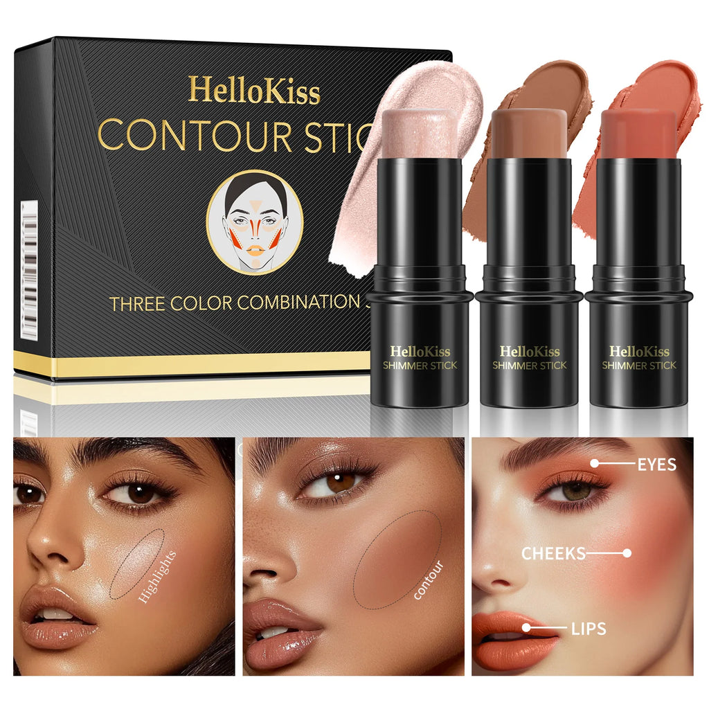 1 Set of 3 Contouring Sticks, Highlighter Sticks, and Blush Sticks, 3-Piece Cream Contouring Set, Creates Facial Contours, Non-Greasy