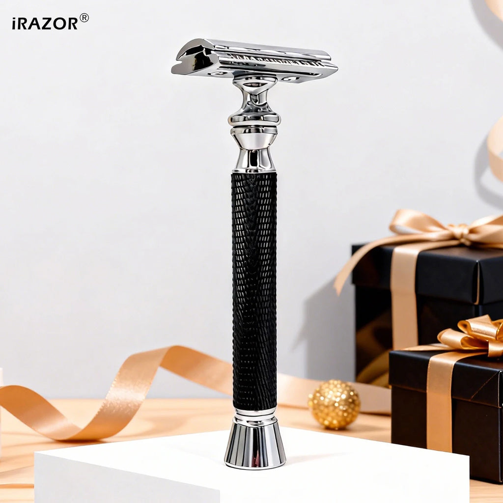 iRAZOR Classic T-Shaped DE Double Edge Safety Razor for Men Black Textured Non-Slip Shaving Machine Ideal Christmas Gift