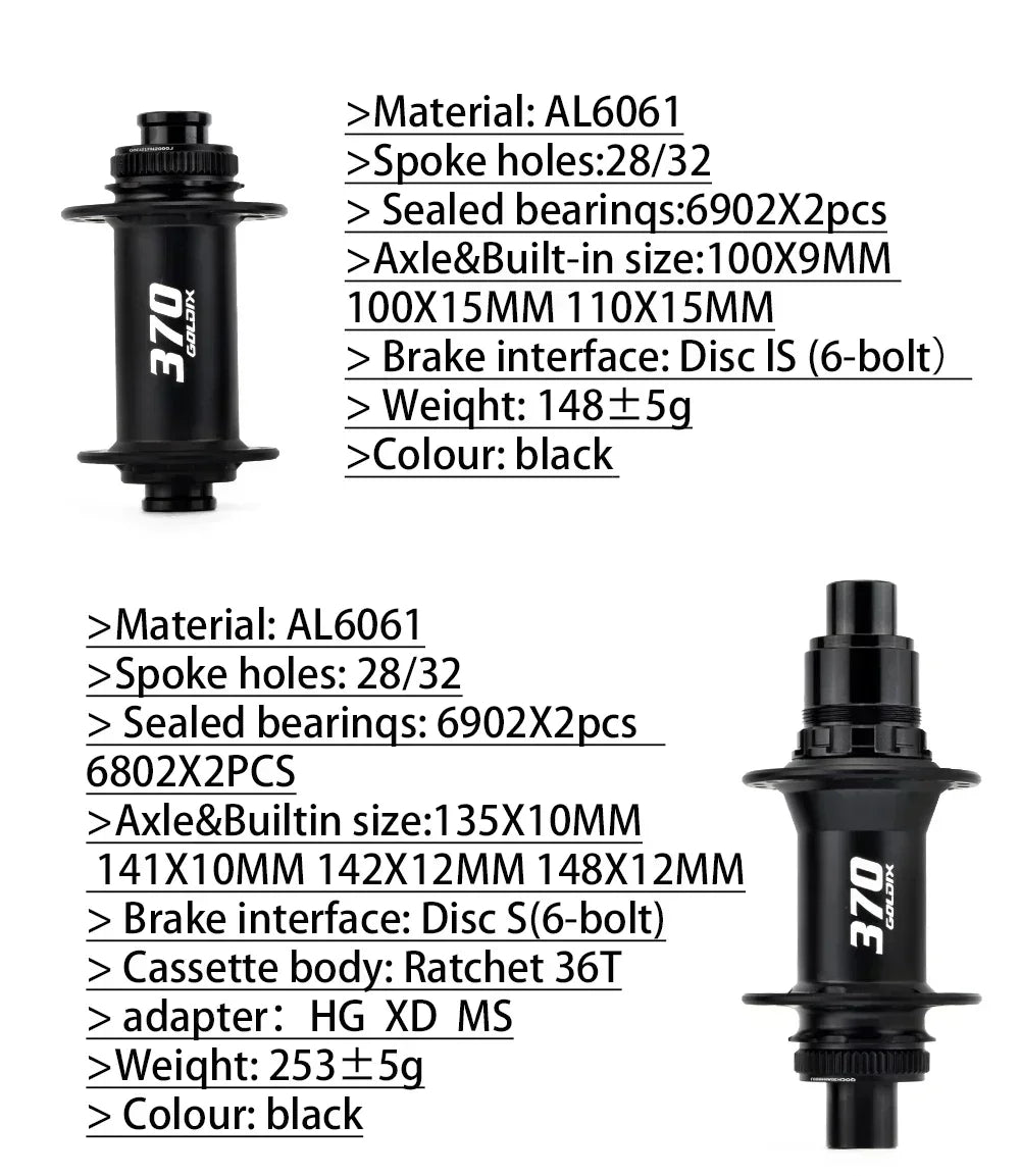 GOLDIX M370 36T Ratchet Bicycle Hubs 28 Hole J-Bend Spoke Center Lock Disc Brake Mountain Bike Hub HG/XD/MS 4pcs Seal Bearing