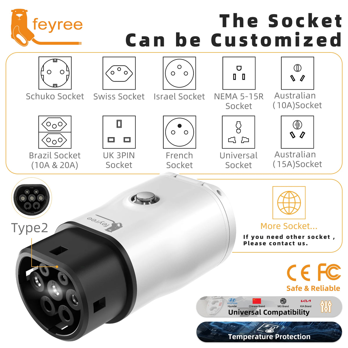 Feyree Type 2 V2L discharger adapter EV vehicle-to-load power converter, 10A/15A socket options