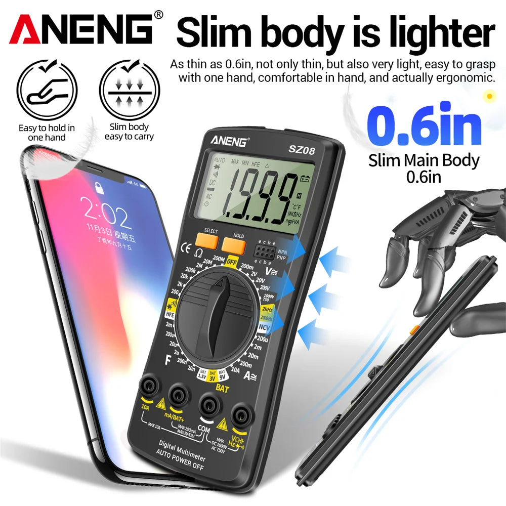 ANENG SZ08 Professional Digital Multimeter  Ultra-thin Storage Meter Auto Voltmeter AC DC 220V Resistance Handhold Testers