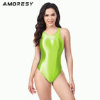 AMORESY silky glossy swimsuit color blocked vest swimsuit competitive sports satin swimsuit