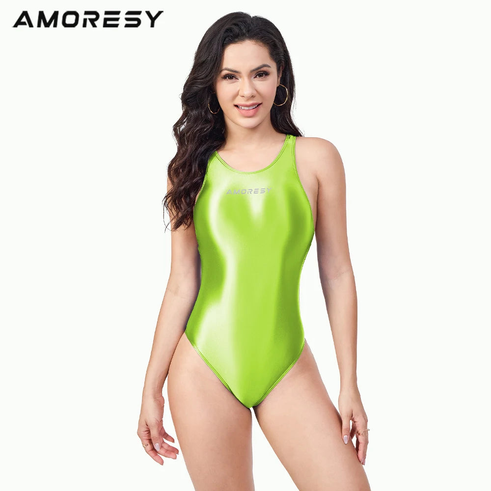 AMORESY silky glossy swimsuit color blocked vest swimsuit competitive sports satin swimsuit